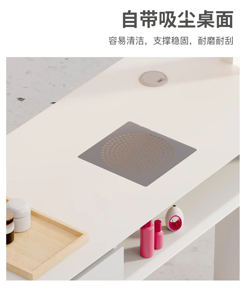 Cream Dust Collector Manicure Table With Lamp French Beauty Storage Nail Table Minimalist Aesthetic Table Ongle Salon Furniture