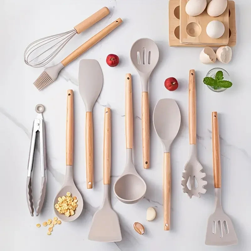 Juego de 12 piezas de utensilios de cocina de silicona multicolor con mango de madera, antiadherentes, espátula y cuchara, resistentes al calor.