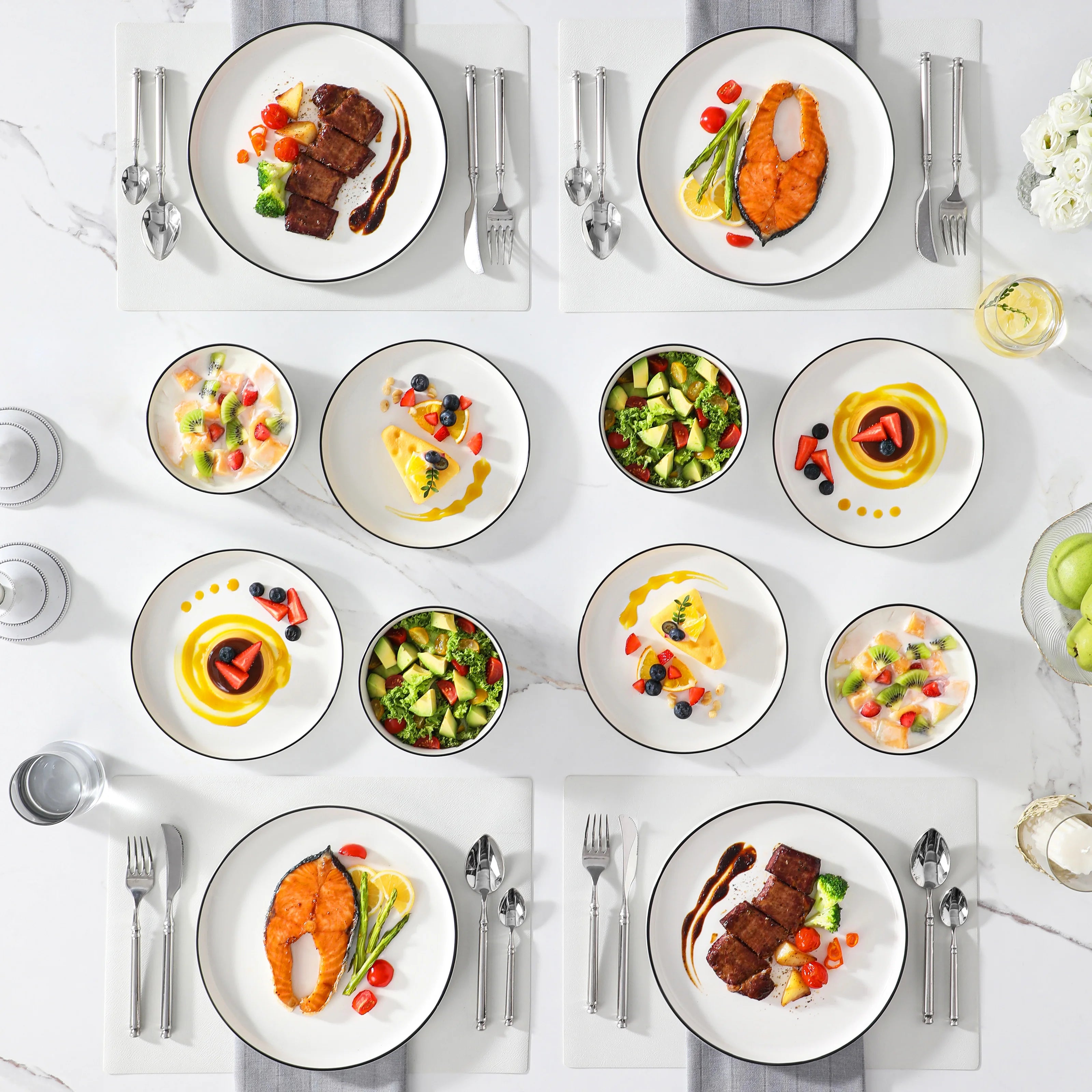 Juego de platos y cuencos MALACASA, 12 piezas, vajilla moderna de porcelana para 4 personas, juego de vajilla para comedor con borde negro.
