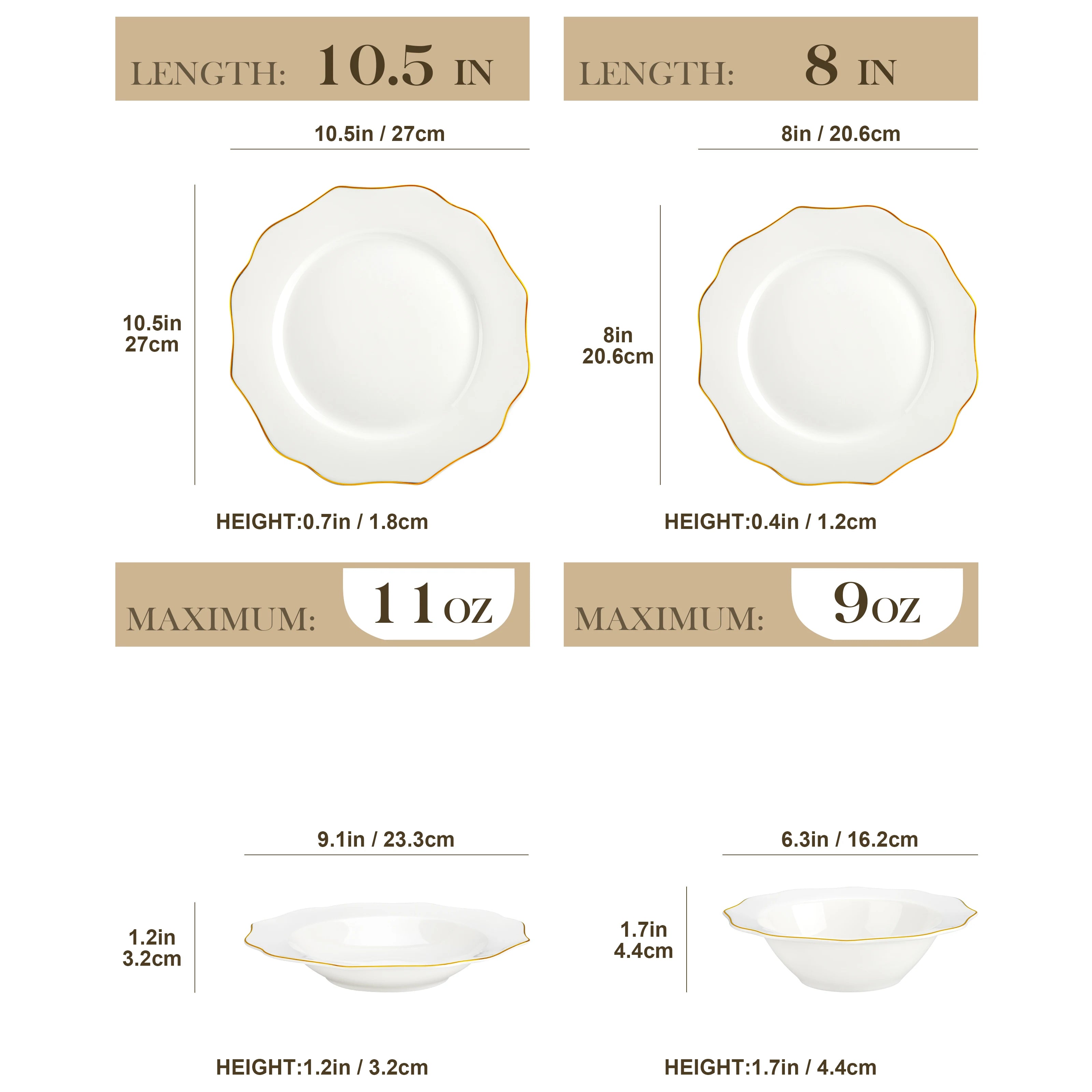 Juego de vajilla MALACASA de porcelana blanca con borde dorado, estilo nórdico europeo, de 16/32 piezas, con cuenco, plato llano, plato de postre y plato hondo para 4 personas.