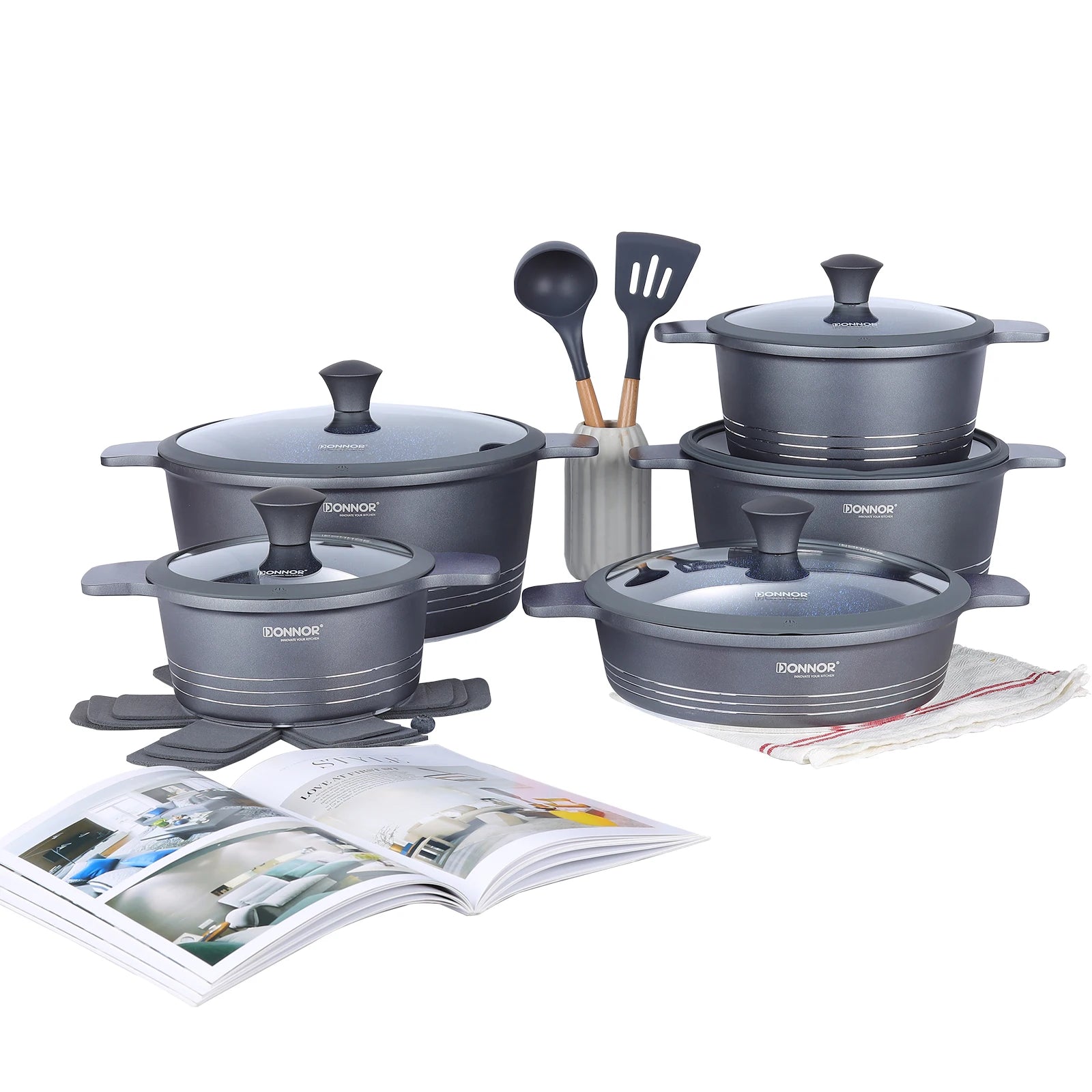 Juego de utensilios de cocina de cerámica DONNOR, juego de utensilios de cocina antiadherentes saludables aptos para placas de inducción y lavavajillas. Libre de PFAS, PFOA y PTFE.