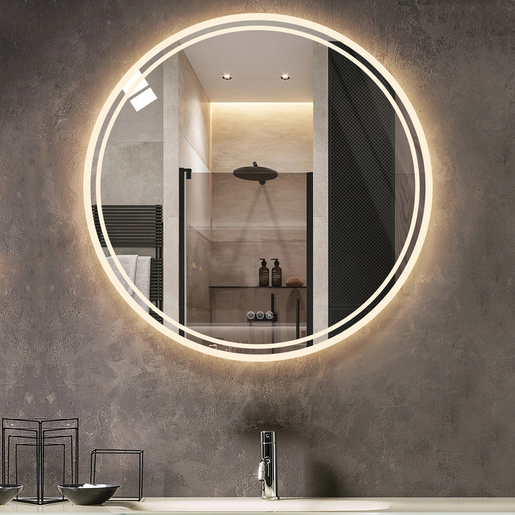 Espejo de baño con luces LED circulares retroiluminadas, espejo iluminado de pared, antivaho, 3 colores, IP65, regulable.