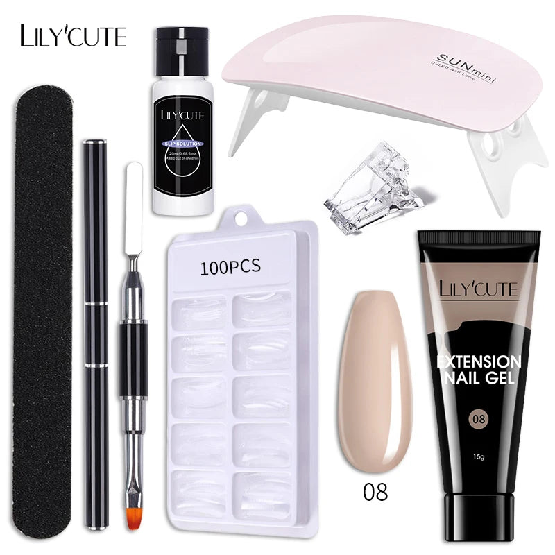 Kit de gel para extensión de uñas LILYCUTE de 15 ml, gel UV, acrílico, blanco, transparente, rosa, esmalte de uñas, lámpara LED, set de manicura para decoración de uñas.