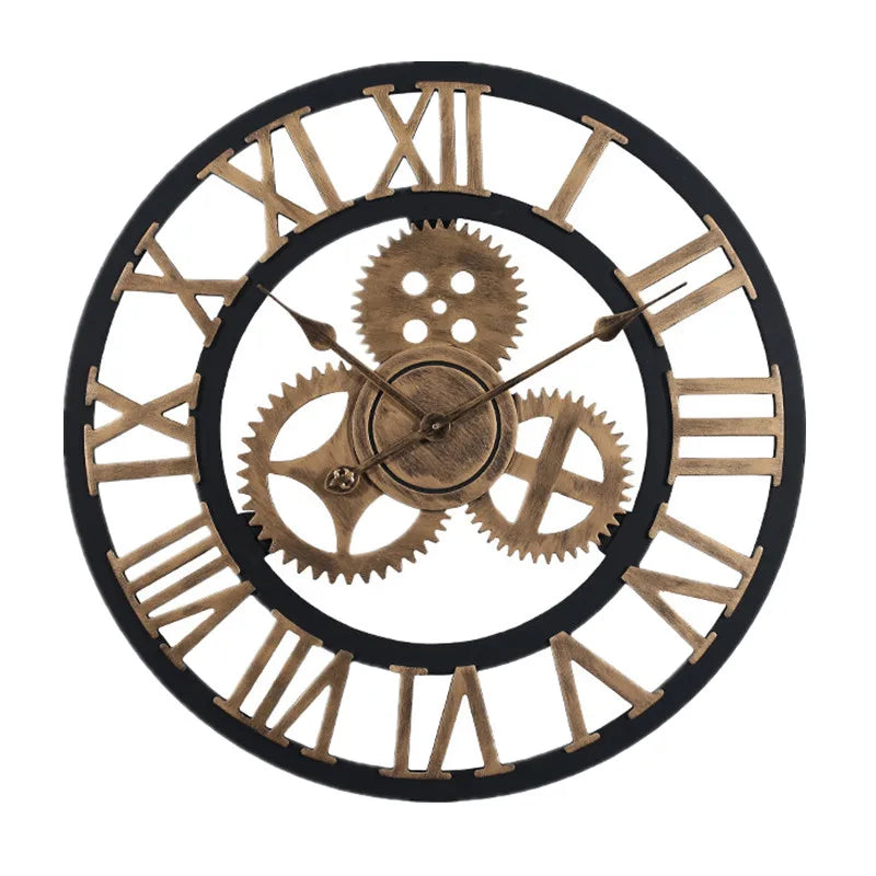 Reloj de pared vintage con engranajes, estilo industrial, de madera y metal, decoración rústica americana para bares o cafeterías.