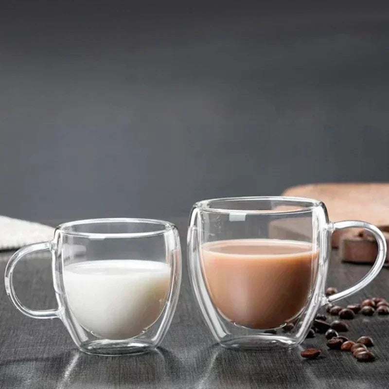 Taza de vidrio de borosilicato de doble pared transparente resistente al calor con asa, ideal para café, leche, zumo o agua. Regalo perfecto para amantes del café.