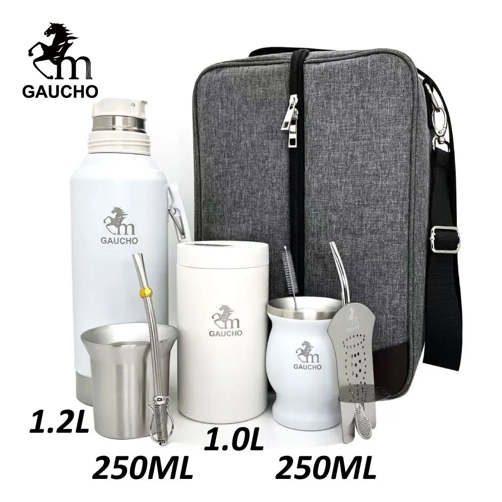1 juego/lote de kits de viaje de yerba mate Gaucho que incluyen termo de acero inoxidable, taza de calabaza, bombilla, pajita, lata de té y separador de filtro.