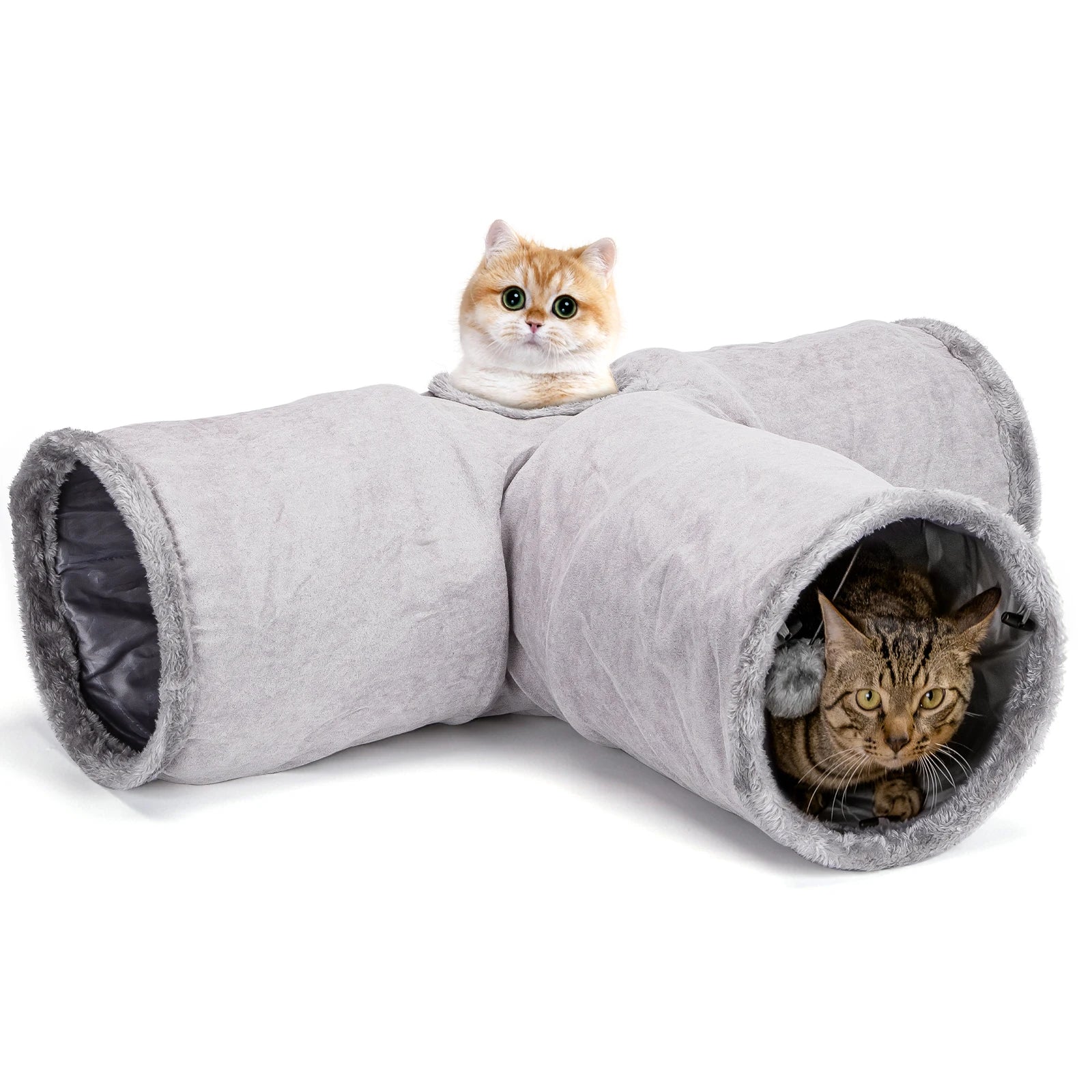 Nobleza - túnel para gatos de gamuza, túnel interior de 3 vías con 1 orificio y juguetes colgantes para gatos con forma de bola, color gris.