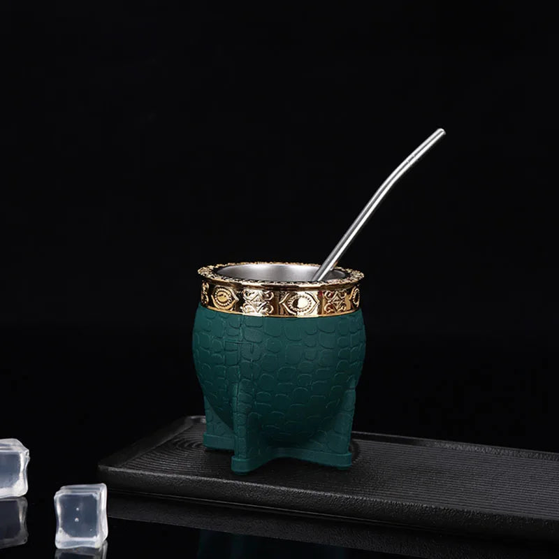 Mate de acero inoxidable de doble capa con pajita, textura de caparazón de tortuga