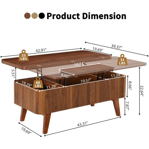 3 in 1 Lift Top Coffee Table, Fluted Convertible Coffee Tables Converts to Dining Tables, Modern Oval Wooden Center Table with S
