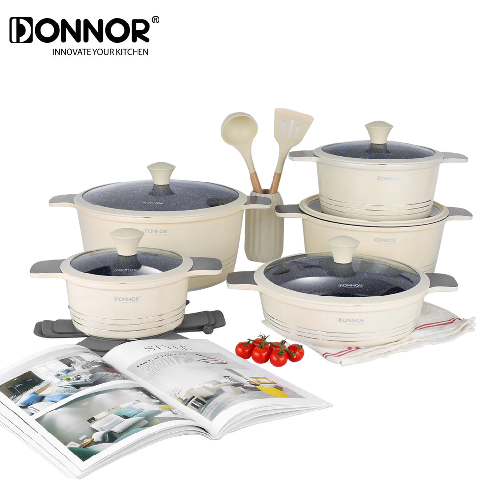 Juego de utensilios de cocina de cerámica DONNOR, juego de utensilios de cocina antiadherentes saludables aptos para placas de inducción y lavavajillas. Libre de PFAS, PFOA y PTFE.