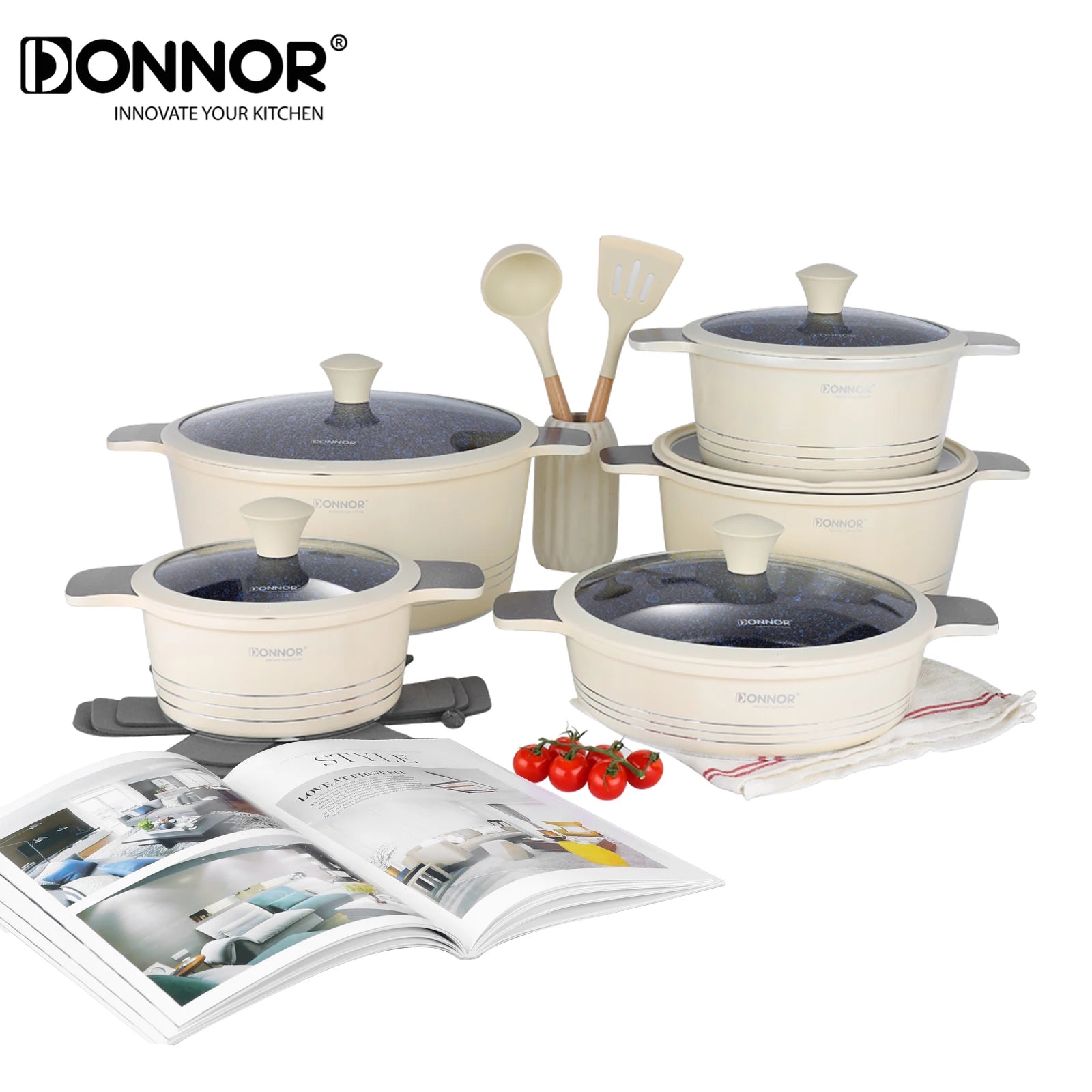 Juego de utensilios de cocina de cerámica DONNOR, juego de utensilios de cocina antiadherentes saludables aptos para placas de inducción y lavavajillas. Libre de PFAS, PFOA y PTFE.