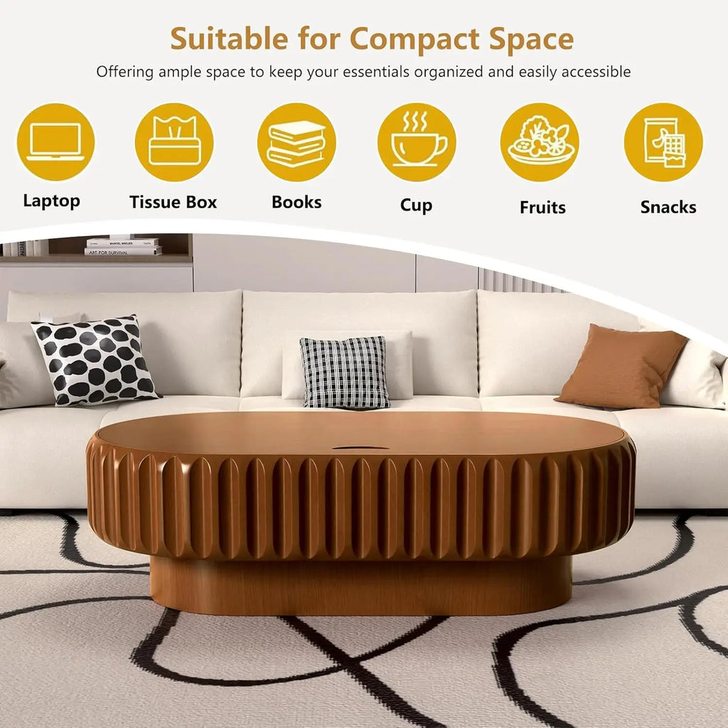 43.3'' Oval Coffee Table with Storage for Living Room, Modern Oval Drum Fluted Coffee Table with Wood Veneered, Customized