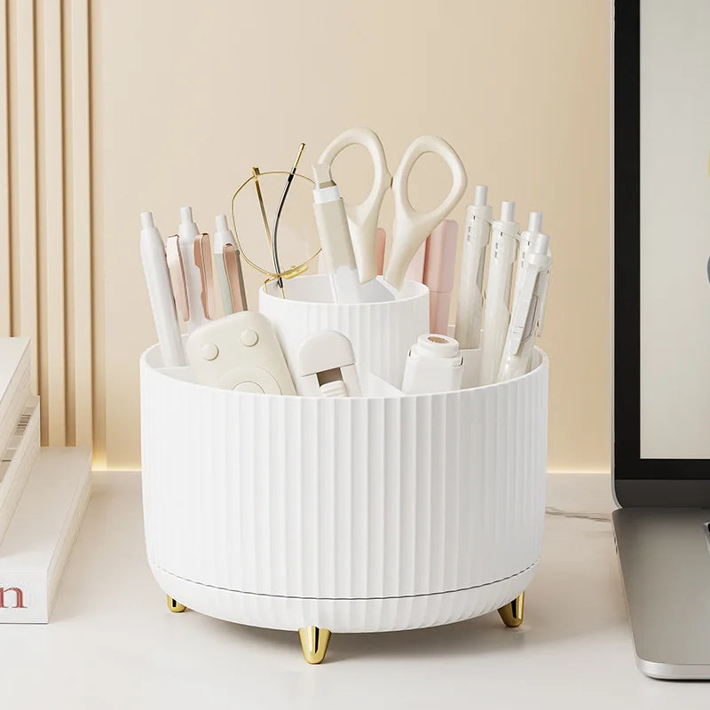 Caja organizadora de maquillaje giratoria de 360° para escritorio, de gran capacidad, para baño, portátil, para lápiz labial, brochas de maquillaje y bolígrafos.
