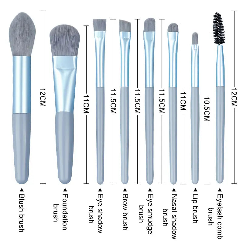 Set de 8 brochas de maquillaje, kit de viaje con neceser, mini brocha para sombras de ojos, base, polvos sueltos, colorete y brocha de precisión. Herramientas de belleza.