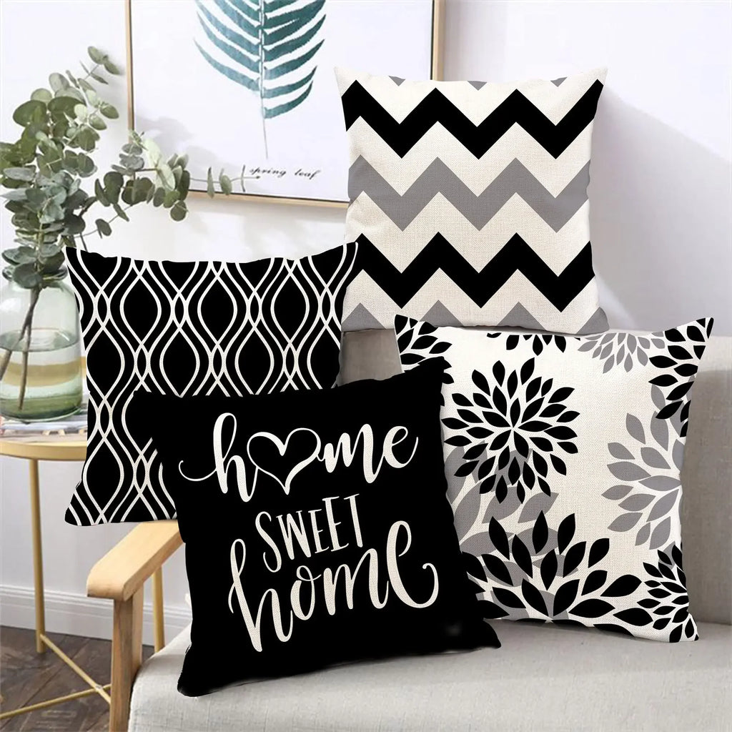 Funda de almohada de lino con estampado geométrico en blanco y negro para sofá o sofá. Decoración para el hogar. Se puede personalizar para ti. Tamaños disponibles: 40x40, 45x45, 50x50 y 60x60.