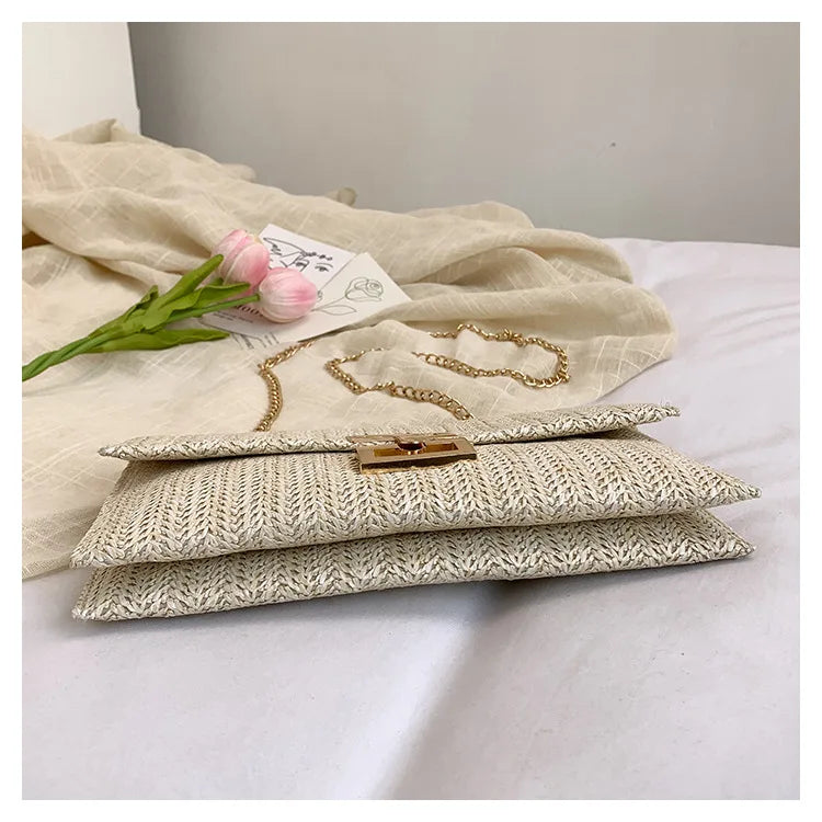 Bolso de mano de mujer tejido con hierba, cartera para móvil, bolso de estilo bohemio veraniego para la playa, cartera tejida, imprescindible para chicas de vacaciones.