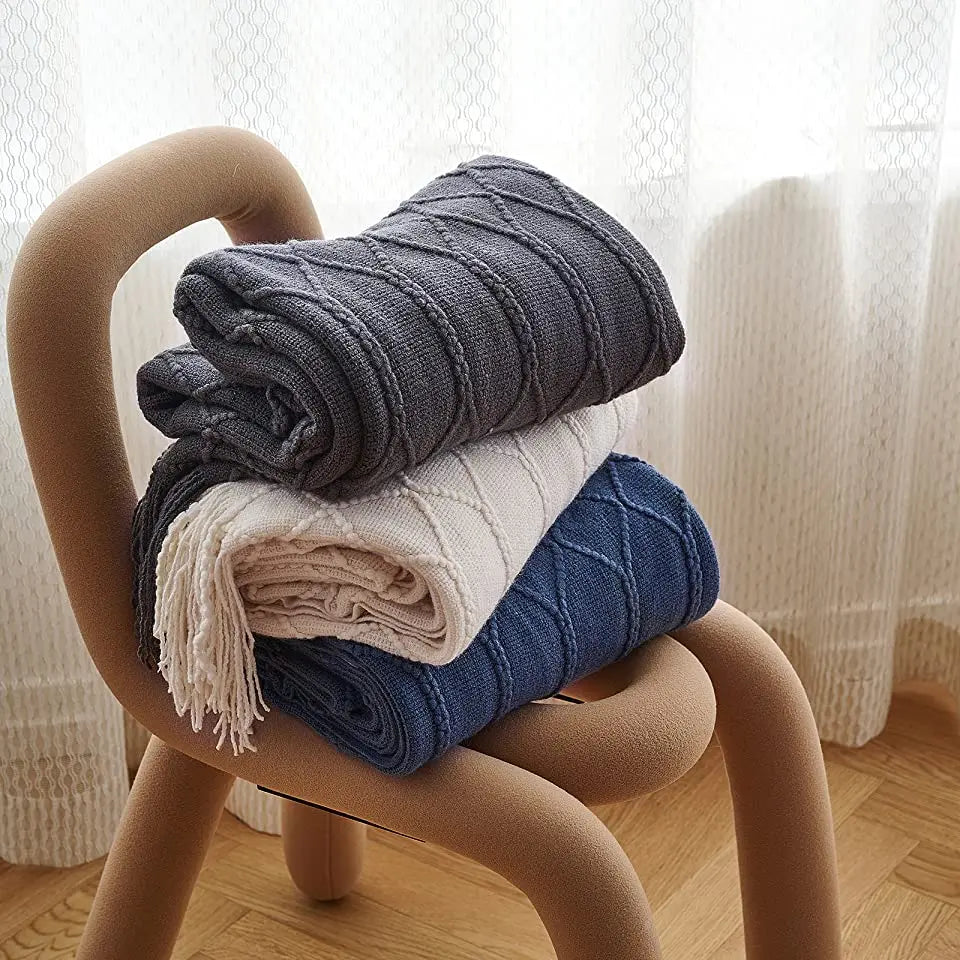 Manta tejida color caqui con borlas, gruesa, de estilo vintage, lujosa, estilo granja, cubrecama extragrande, manta para sofá