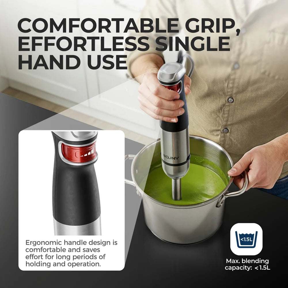 Batidora de mano eléctrica 6 en 1, batidora de inmersión multiusos, cuchillas de acero inoxidable, para el hogar y la cocina, potencia máxima de 1500 W.