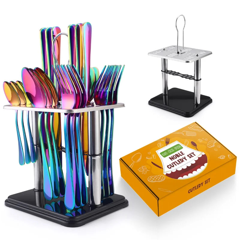 Juego de cubiertos de acero inoxidable de 24 piezas con mango de cerámica y diseño de martillo (cuchillo, tenedor y cuchara). Juego de cubiertos de viaje.