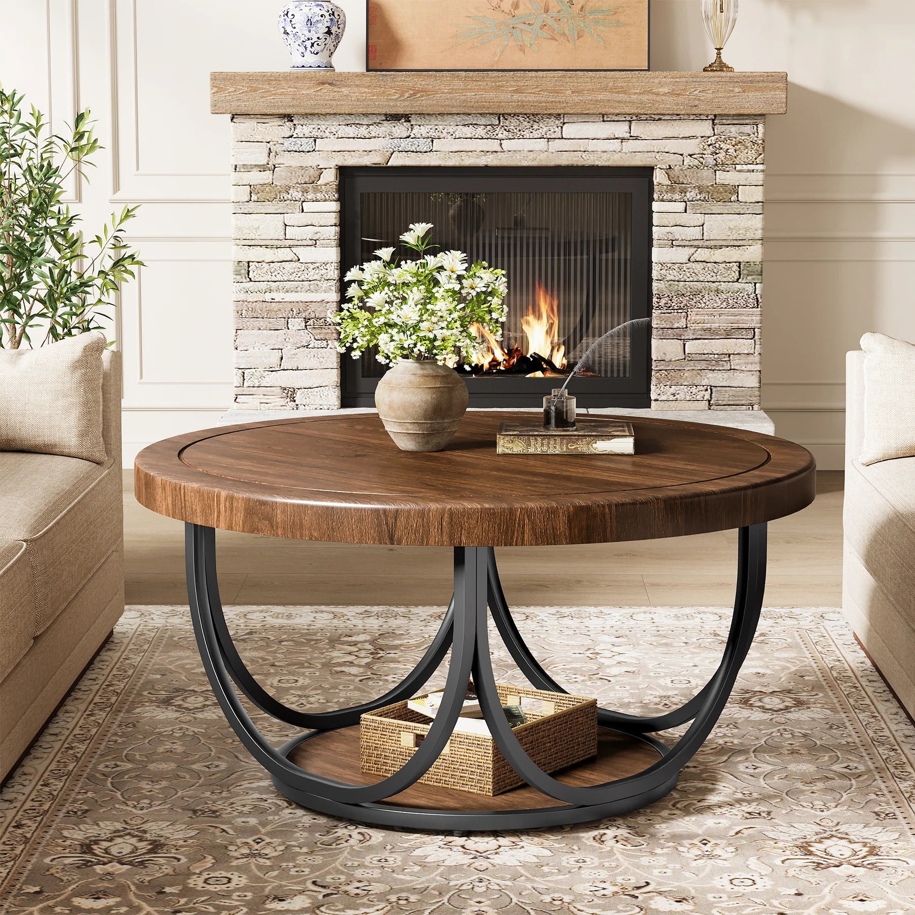 Tribesigns Round Coffee Table with 2 Tiers, 80 cm Wooden Circle Accent Cocktail Table with Storage Shelf and Metal Frame