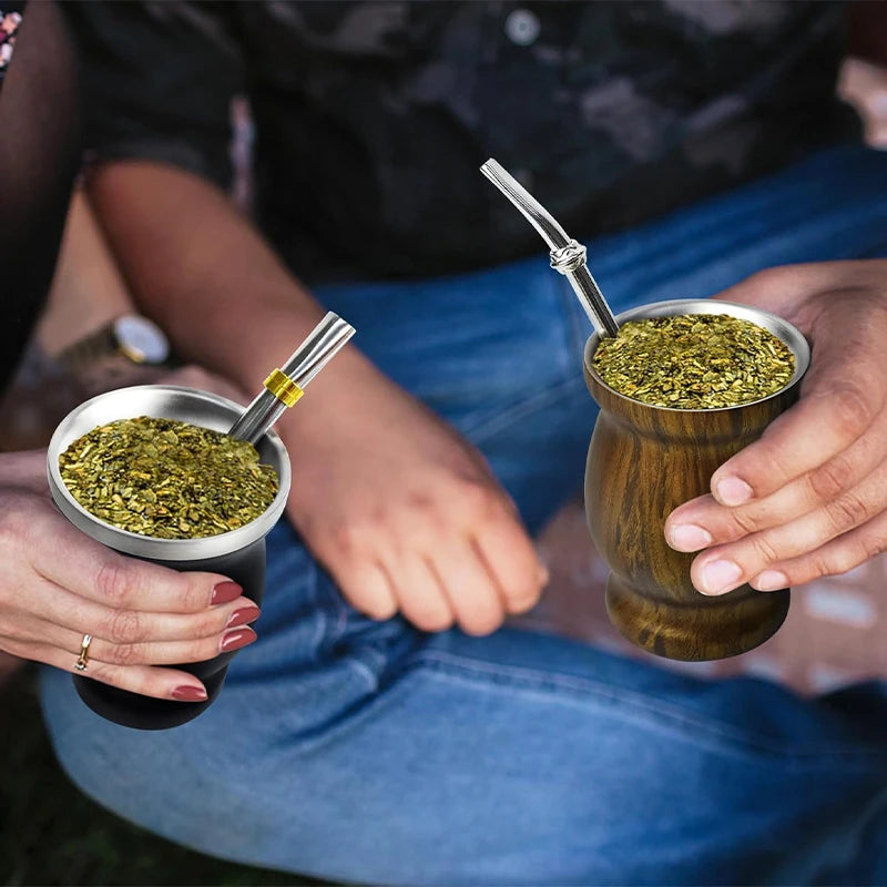 Juego de mate de acero inoxidable con doble pared, incluye 2 bombillas, una calabaza para mate con pajita y un cepillo de limpieza.