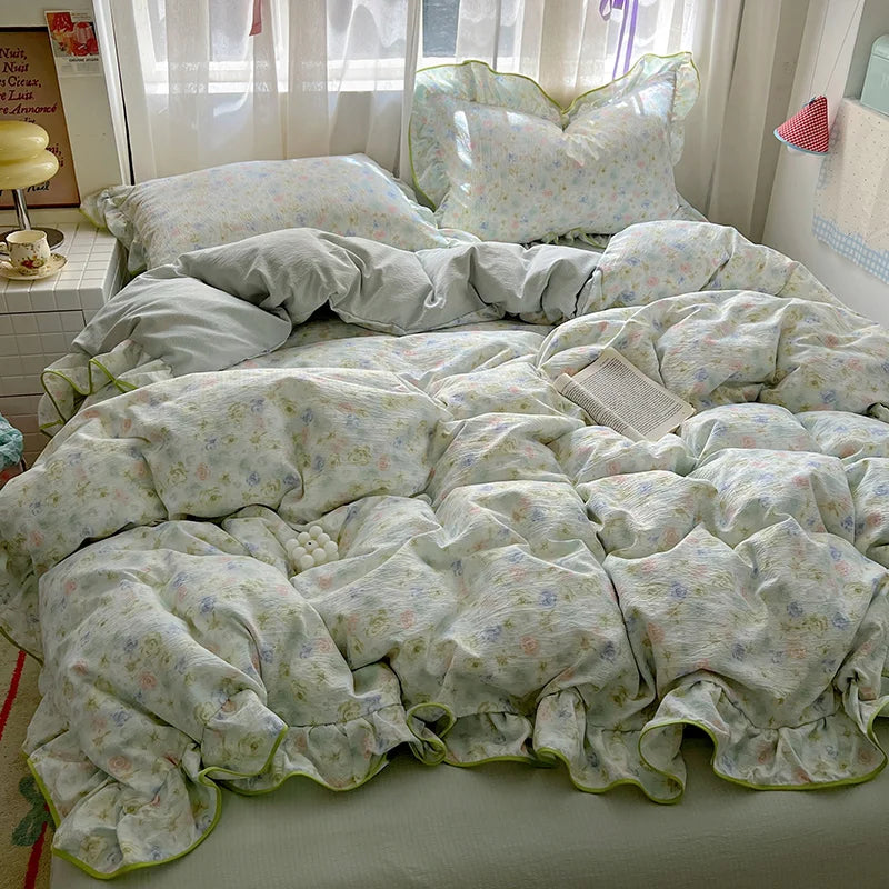 Juego de Ropa de Cama Ruffles Estilo Floral Funda de Edredón Funda de Almohada con Sábana Juego de Ropa de Cama Amigable con la Piel Ropa de Cama para Habitación de Niñas