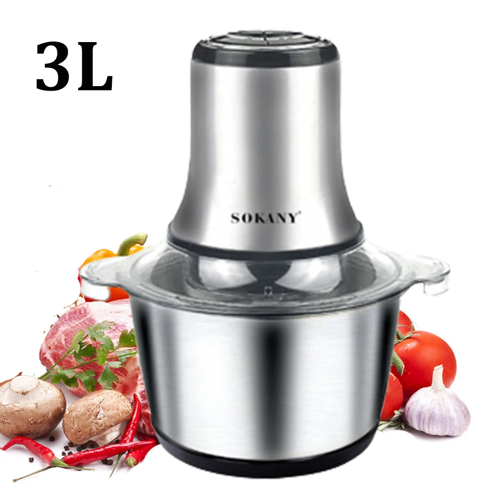 Picadora de carne eléctrica multifunción de 800 W y 3 L, procesador de alimentos de acero inoxidable, picadora de verduras y rebanadora para el hogar.