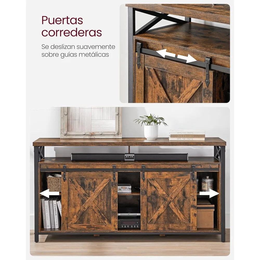 Mueble para TV de 65 pulgadas con soporte para TV con estantes ajustables, puertas corredizas estilo granja y marco.