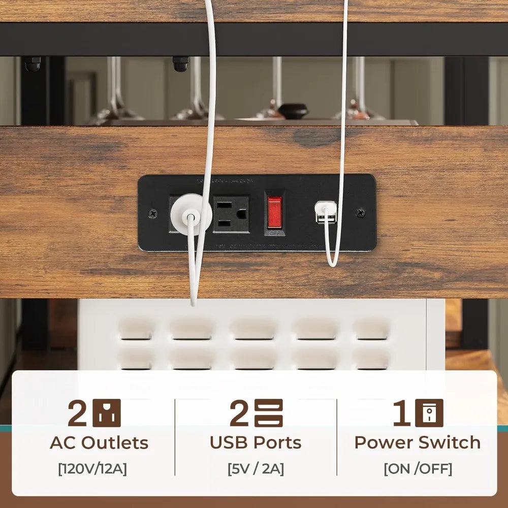 45.3 Inch Farmhouse Bakers Rack, Coffee Bar Cabinet with Power Outlet, LED Light & Microwave Storage
