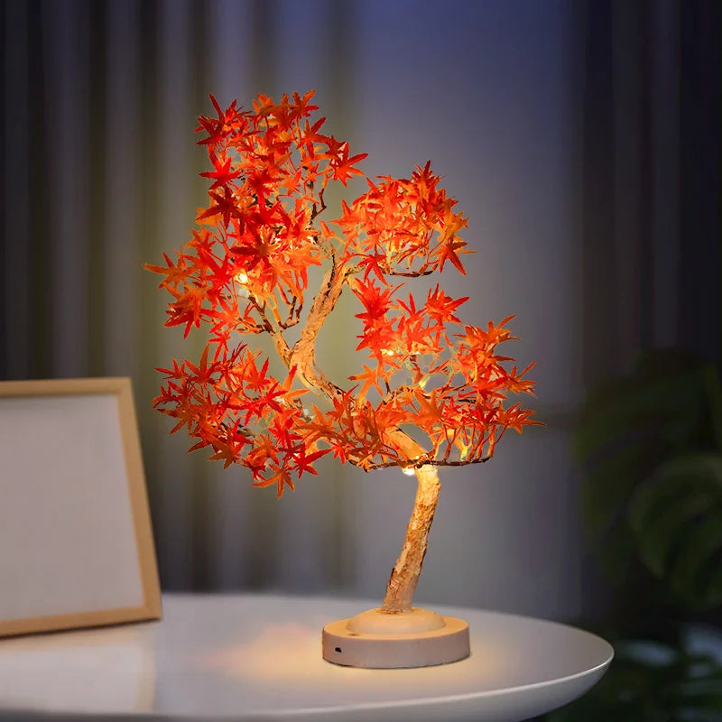 Lámpara de mesa con forma de árbol bonsái artificial, lámpara de hadas con forma de hojas de arce, luz nocturna LED que funciona con pilas/USB, ideal para decoración de camping.