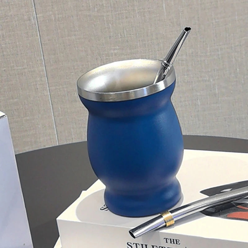 Mate de acero inoxidable 304 de doble pared de 237 ml (8 oz) con pajita, cuchara y cepillo de limpieza.