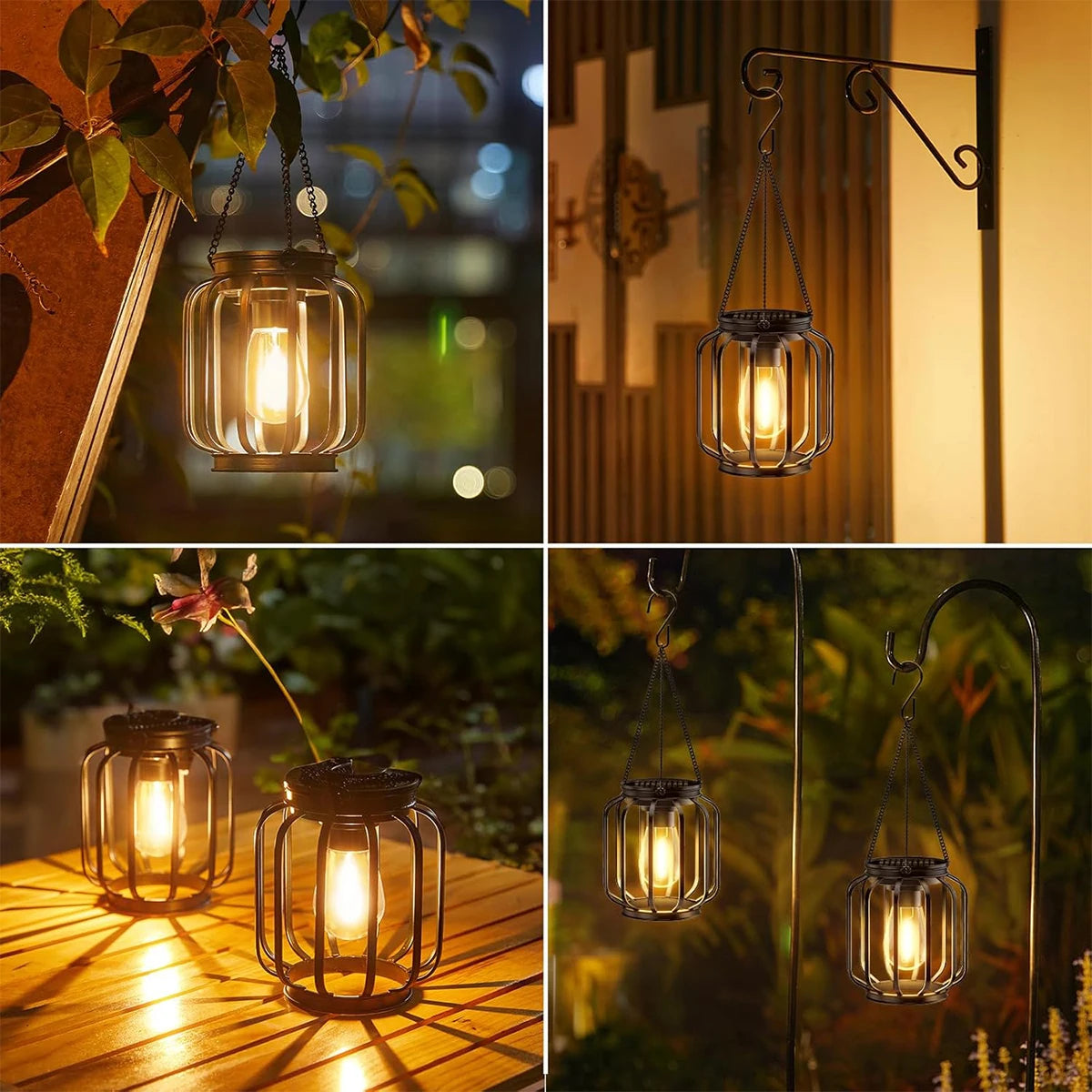 Linterna solar exterior impermeable con luz LED, lámparas de jardín de 3000k con sensor de luz diurna y cadena duradera para exteriores. Carcasa metálica hueca.
