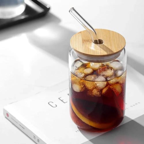 1 vaso de vidrio con tapa de bambú y pajita, 350 ml/550 ml, tarro Mason, taza de café con forma de lata de cerveza para cócteles, whisky, leche, zumo, cola.