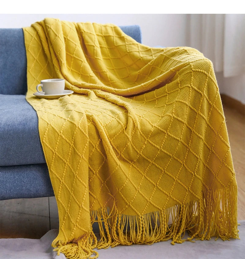 Mantas nórdicas de punto con borlas, color caqui, crema y gris, estilo vintage, ideales para cama, sofá o sillón. Funda de cama extragrande.