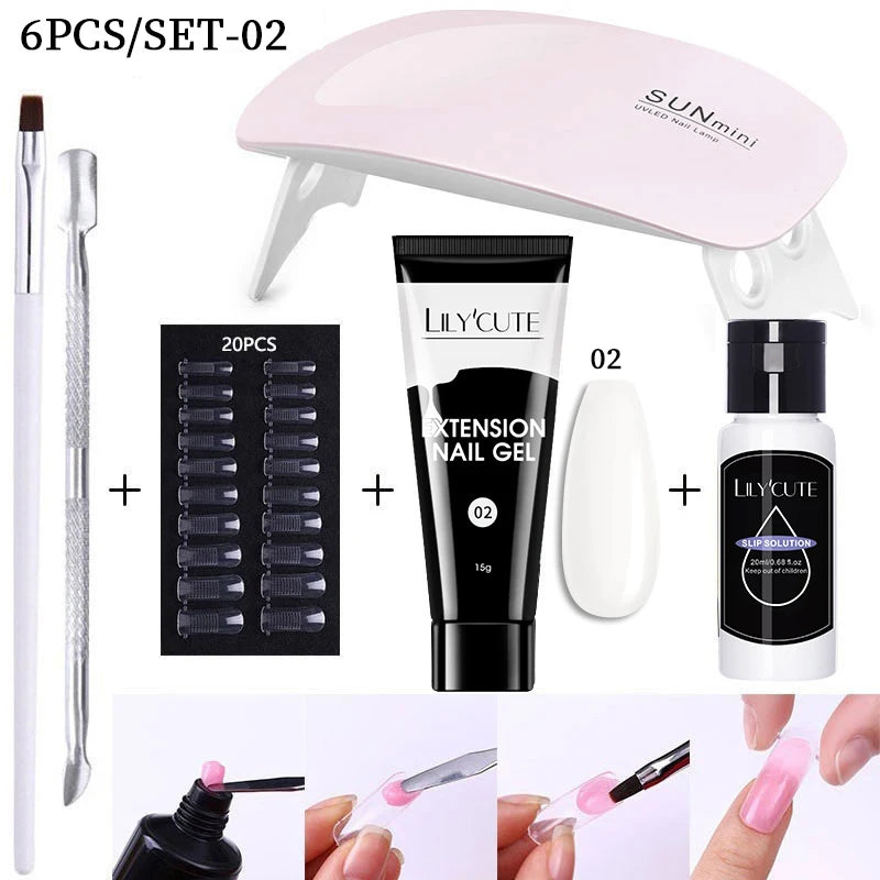 Kit de gel para extensión de uñas LILYCUTE de 15 ml, solución acrílica, esmalte en gel con lámpara para uñas para una rápida extensión, gel UV para uñas.