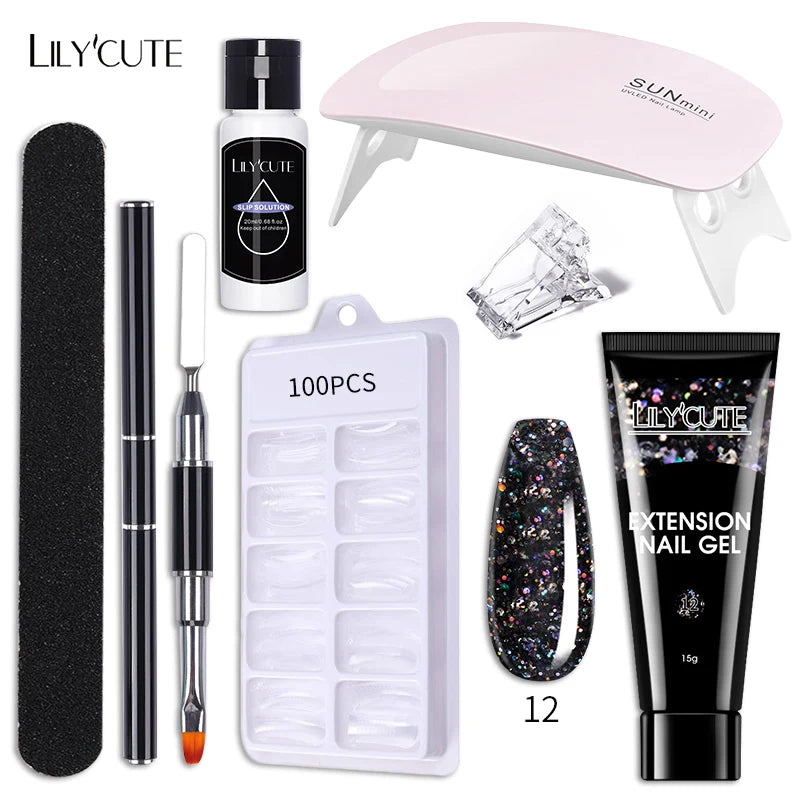 Kit de gel para extensión de uñas LILYCUTE de 15 ml, solución acrílica, esmalte en gel con lámpara para uñas para una rápida extensión, gel UV para uñas.