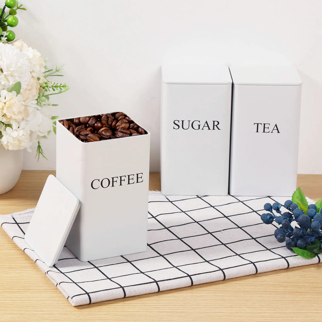 3 botes de almacenamiento para granos de café, té y azúcar, con cierre hermético al vacío. Botes de hierro para cocina con tapa hermética.