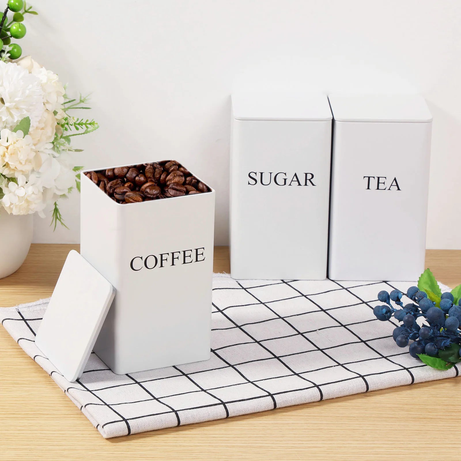 3 botes de almacenamiento para granos de café, té y azúcar, con cierre hermético al vacío. Botes de hierro para cocina con tapa hermética.