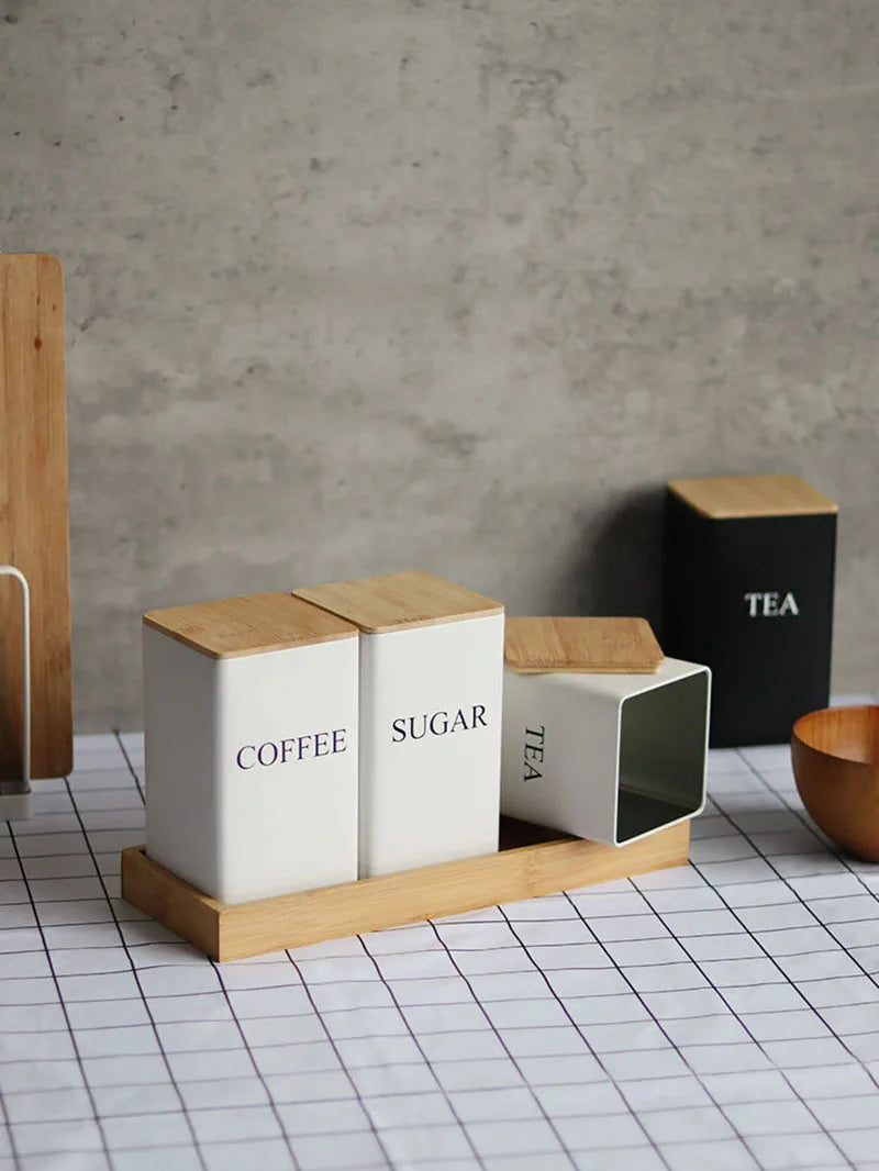 Recipiente para granos de café con tapa de bambú, estilo sencillo, tarros de metal para té, café y azúcar, lata de té, utensilios de cocina.