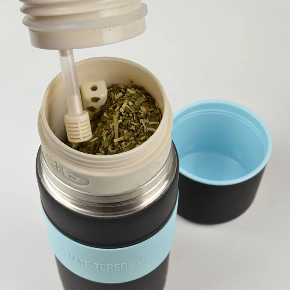 TERMO de acero inoxidable con aislamiento al vacío, portátil con pajita filtrante, para preparar té de hojas sueltas y yerba mate.