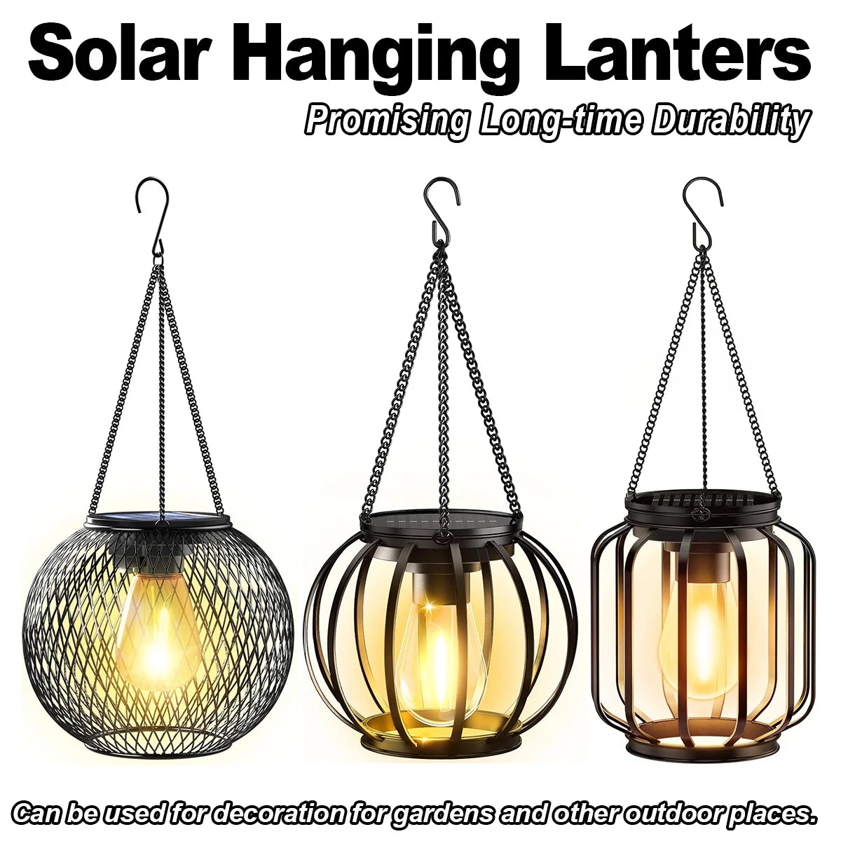 Linterna solar exterior impermeable con luz LED, lámparas de jardín de 3000k con sensor de luz diurna y cadena duradera para exteriores. Carcasa metálica hueca.