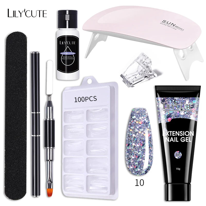 Kit de gel para extensión de uñas LILYCUTE de 15 ml, gel UV, acrílico, blanco, transparente, rosa, esmalte de uñas, lámpara LED, set de manicura para decoración de uñas.