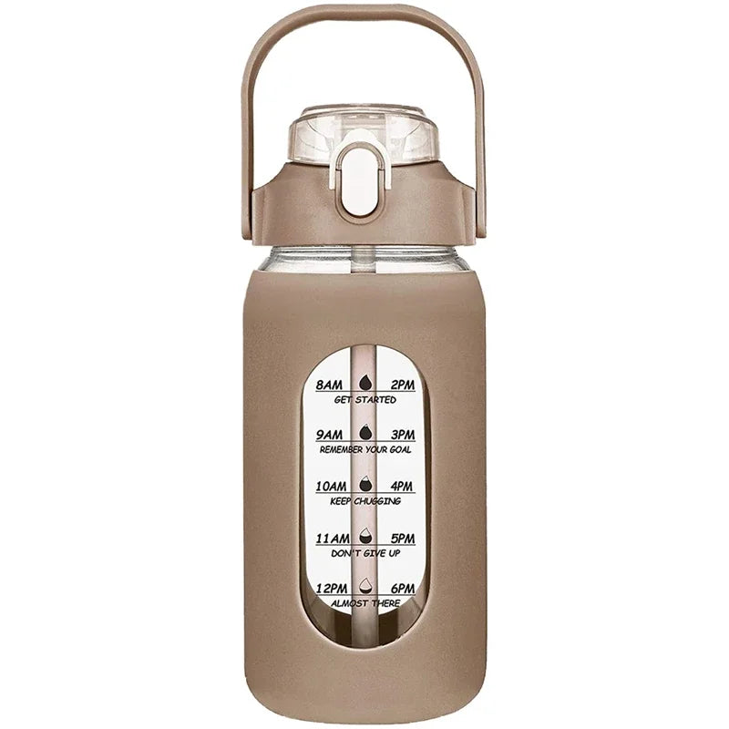 Botella de vidrio nueva de 946 ml/1656 ml/1892 ml (modelo 2024) con funda de silicona para pajita y marcador de tiempo. Ideal para camping, hogar, oficina y gimnasio.