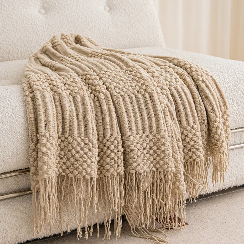 Manta tejida color caqui con borlas, gruesa, de estilo vintage, lujosa, estilo granja, cubrecama extragrande, manta para sofá