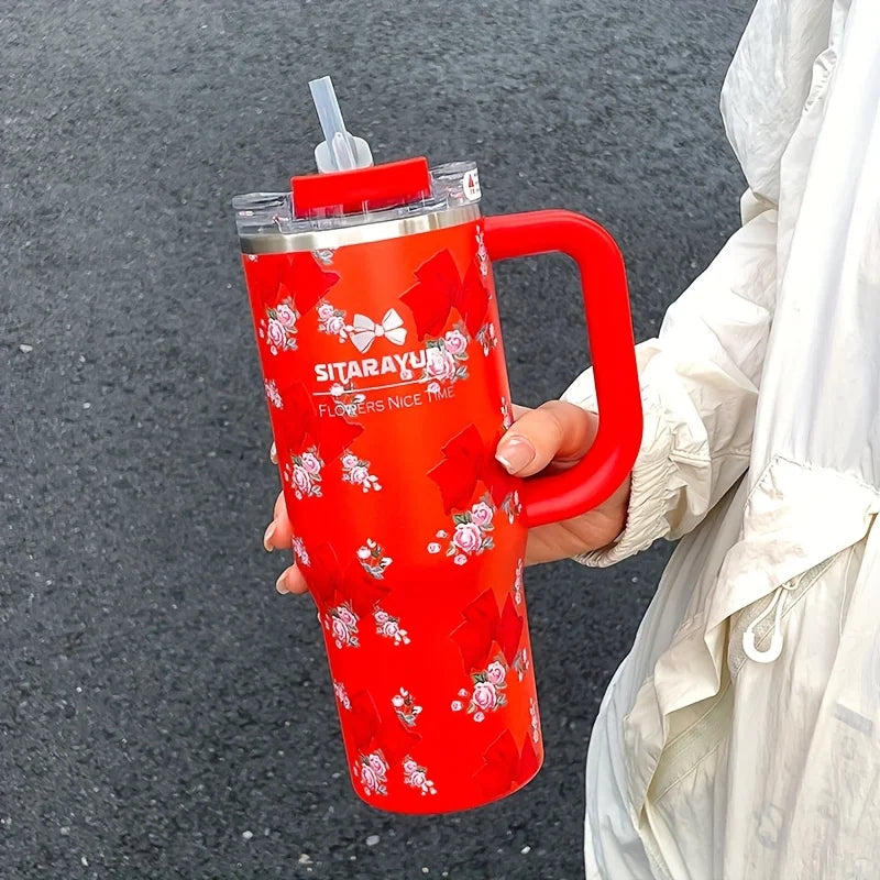 Vaso térmico de acero inoxidable con aislamiento al vacío de 900 ml con estampado floral y pajita, ideal para mantener las bebidas frías. Regalo de cumpleaños para mujeres.
