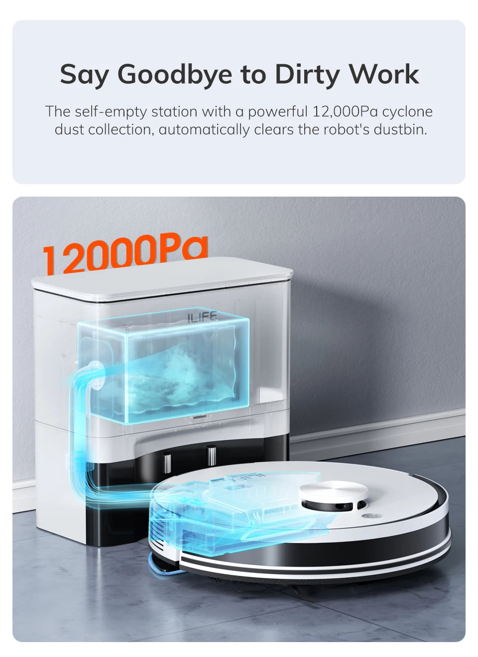 ILIFE A30 PRO, aspiradora y fregona robot con potencia de succión de 5000 Pa, vaciado automático, capacidad para 60 días, control por aplicación/mando a distancia, autonomía de 180 minutos.