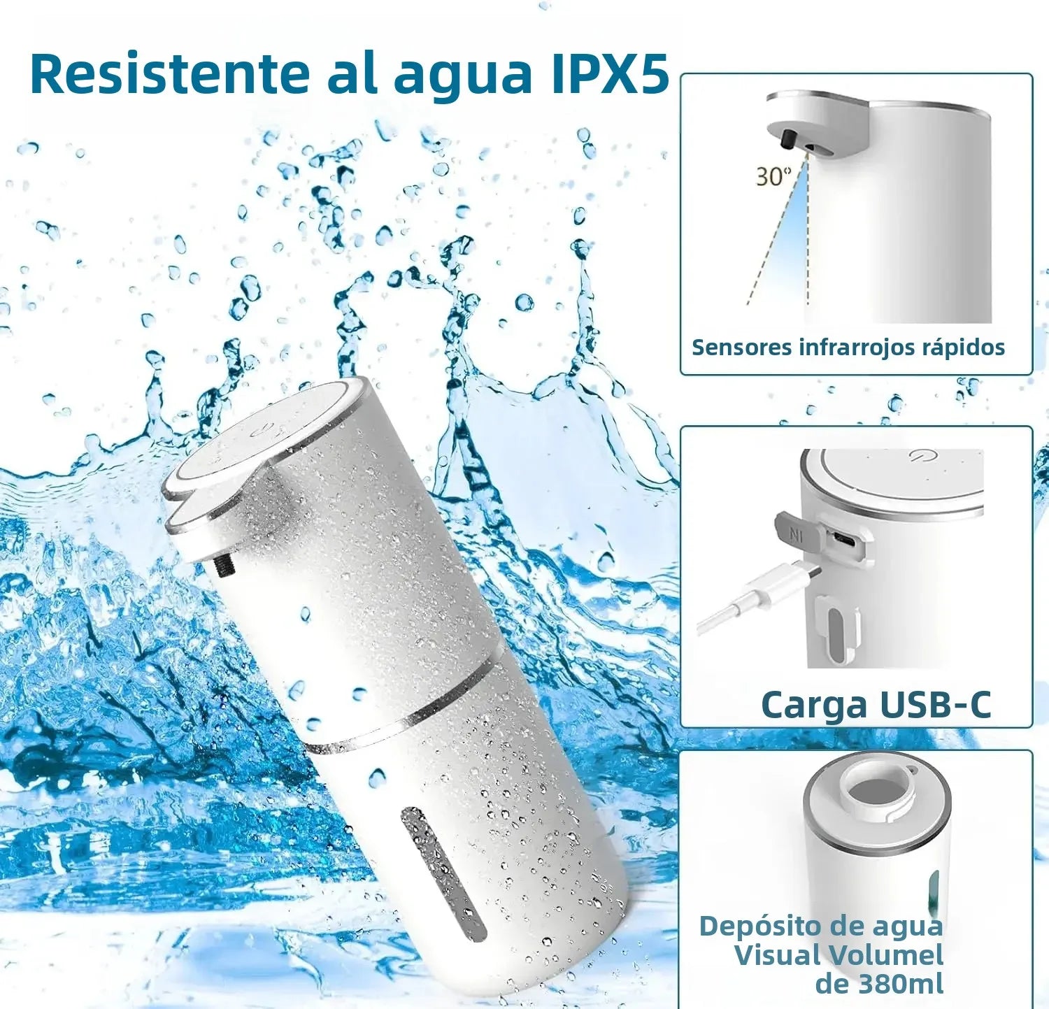 Dispensador automático de jabón líquido/espuma, dispensador eléctrico sin contacto, recargable por USB con sensor infrarrojo para baño y cocina.