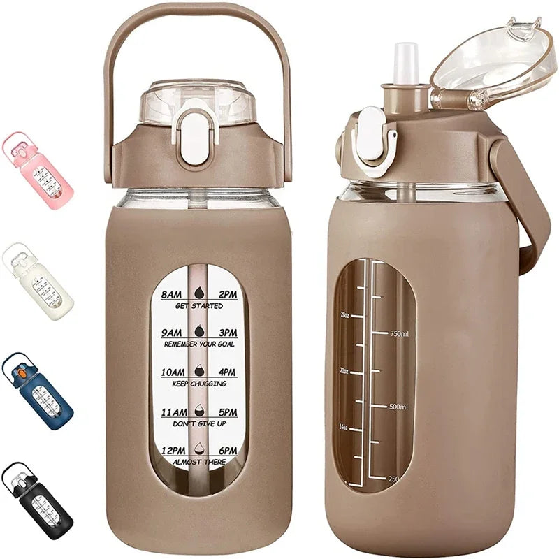 Botella de vidrio nueva de 946 ml/1656 ml/1892 ml (modelo 2024) con funda de silicona para pajita y marcador de tiempo. Ideal para camping, hogar, oficina y gimnasio.