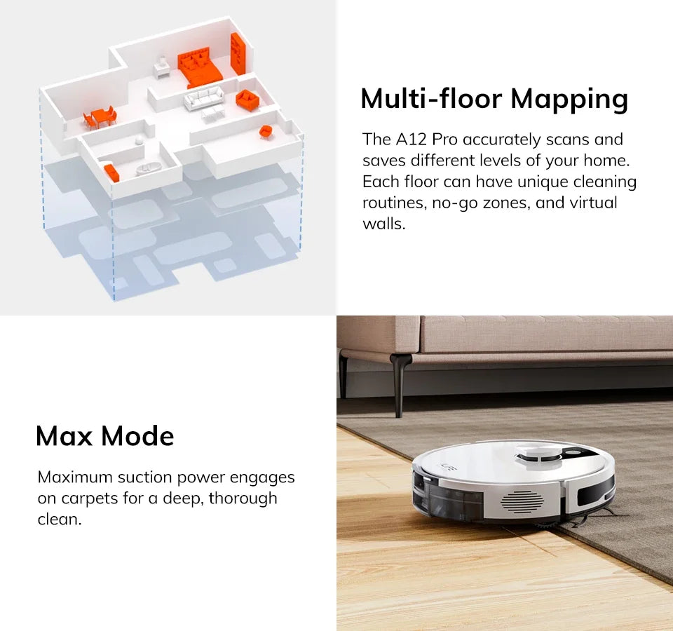 Robot aspirador y fregador ILIFE A12 Pro, navegación LIDAR, recogida automática de polvo, succión de 3000 Pa, control por app/remoto.