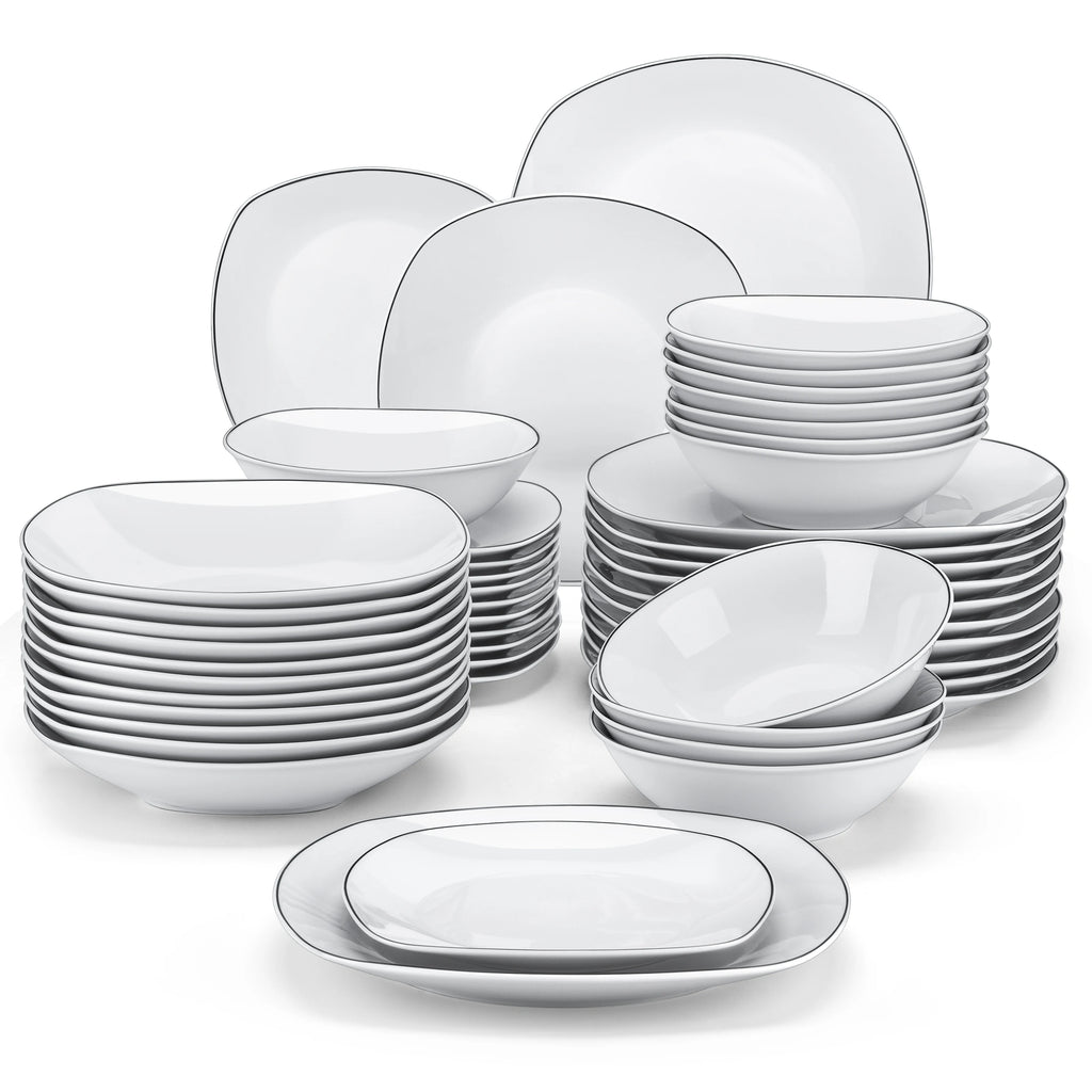 Juego de vajilla de porcelana MALACASA de 24/48 piezas con borde negro, que incluye 6/12 platos hondos y llanos. Servicio para 12/24 personas.